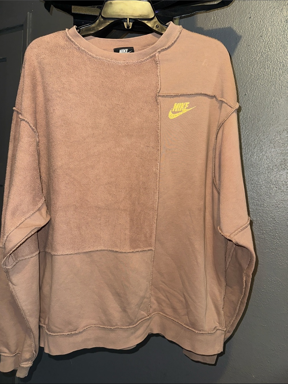 Nike Patchwork Crewneck Sweatshirt in Blush with Yellow Swoosh